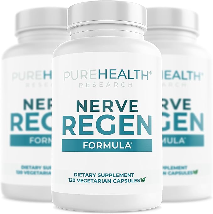 PUREHEALTH RESEARCH Nerve Regen Formula - Nerve Support Supplement for Feet &amp Hands - with Alpha Lipoic Acid ALA Benfotiamine Acetyl L-Carnitine Vitamin B2 B6 B12 D3 &amp More - 3 Bottles