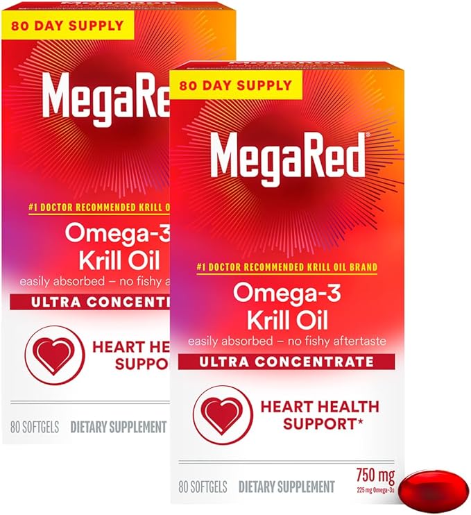MegaRed Ultra Concentrate 750mg Omega-3 Krill Oil Fatty Acid Supplement with EPA/DHA Antioxidant Astaxanthin No Fish Oil Aftertaste Supports Heart Health 80 Count Softgels (2 Pack)