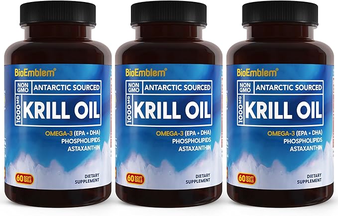 BioEmblem 3 Pack Antarctic Krill Oil 1000mg Softgels Omega-3s Oil with High Levels of EPA + DHA Astaxanthin and Phospholipids Supports Brain Health 180-Count Non-GMO Gluten Free 90 Days Supply