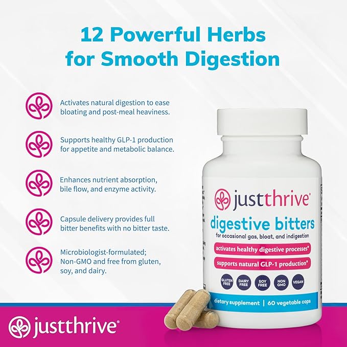 Just Thrive Digestive Bitters Supports Digestion GLP-1 Eases Bloating Gut Health Metabolism &amp Nutrient Absorption 12 Herbal Extracts 60 Caps