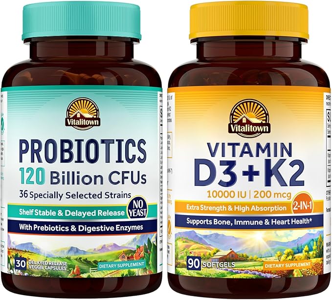 Vitalitown Probiotic + Vitamin D3 K2 Bundle (Pack of 2) | Probiotics 120 Billion CFUs (Item 1) &amp Vitamin D3 10000 IU Vitamin K2 (MK7) 200 mcg (Item 2) | 30 Probiotic Capsules &amp 90 Capsules