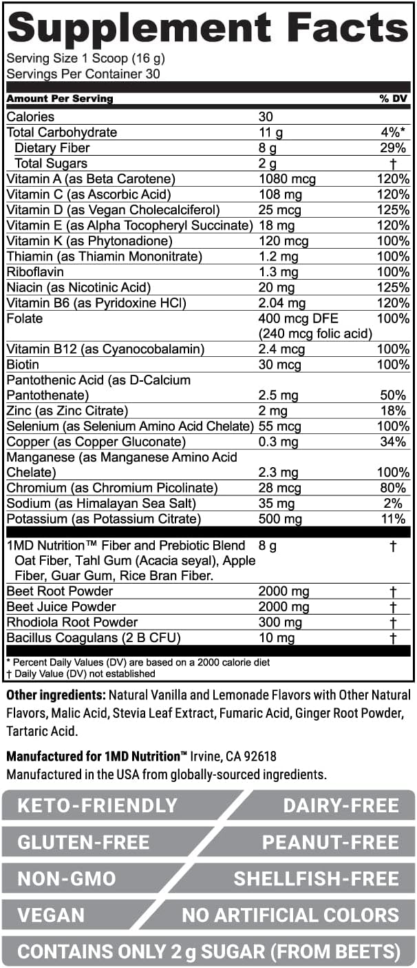 1MD Nutrition CardioFitMD - Vegan Beets Superfood Keto-Friendly - Nitric Oxide Supplement - Beet Root Powder - High Fiber Drink - 30 Days (Pack of 2)