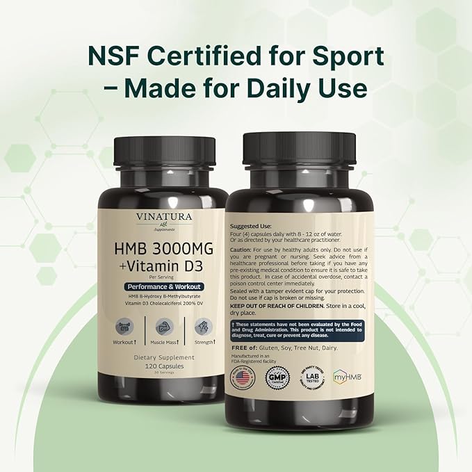 VINATURA HMB 3000mg and Vitamin D3 Supplement - HMB (Beta-Hydroxy Beta-Methylbutyrate) Vitamin D3 (1600 IU) Made in USA &amp NSF Certified for Sport - 120 Capsules