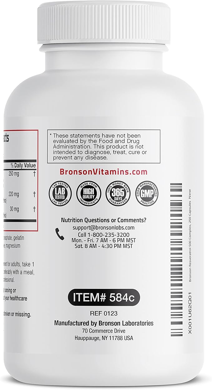 Bronson Resveratrol 500 Complex Standardized Trans-Resveratrol + Grape Seed &amp Red Wine Extract 250 Capsules