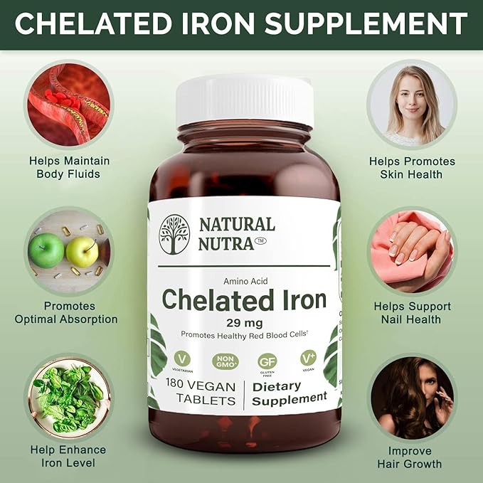 Natural Nutra Chelated Iron Supplement for Men &amp Women Nails Health Promotes Optimal Absorption Helps Enhance Iron Level Maintain Body Fulid Help to Improves Hair Growth Skin Health 180 Tab