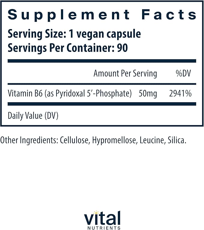 Vital Nutrients Pyridoxal-5 Phosphate - Activated Vitamin B6 - Methylated B6 for Metabolism PMS and Menstrual Support* - High-Potency P5P Supplement - Gluten Dairy Soy Free - 90 Capsules