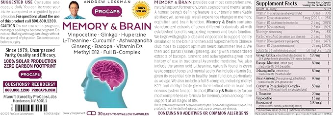 ANDREW LESSMAN Memory &amp Brain 30 Capsules – Naturally Supports Brain Memory and Mental Acuity. with Ginkgo Biloba Ashwagandha Bacopa Curcumin Ginseng B-Complex Vitamin D3