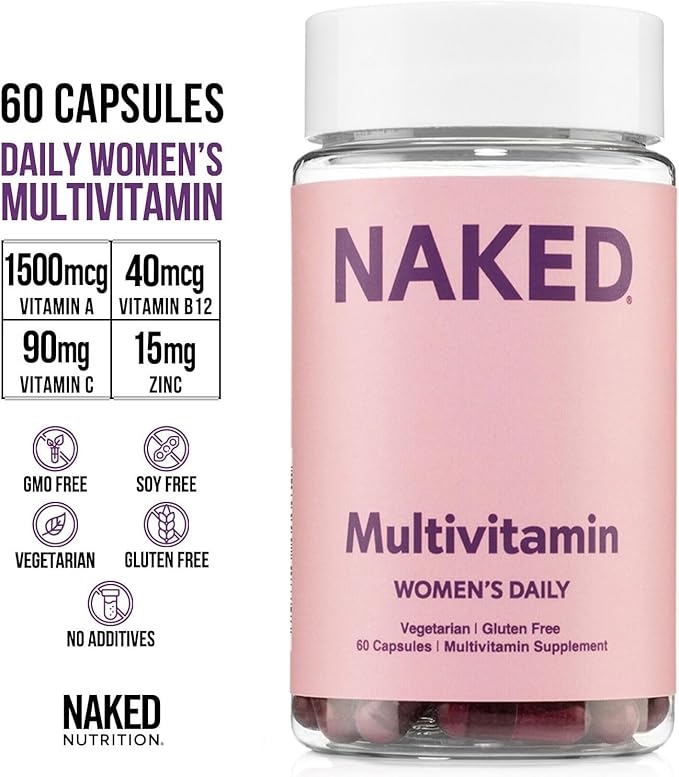 NAKED Nutrition Women's Multi - Daily Multivitamin - Vitamins A C E Selenium Zinc Fruit and Super Green Extracts to Boost Immune Support - Gluten-Free and Vegetarian Vitamins 60 Capsules