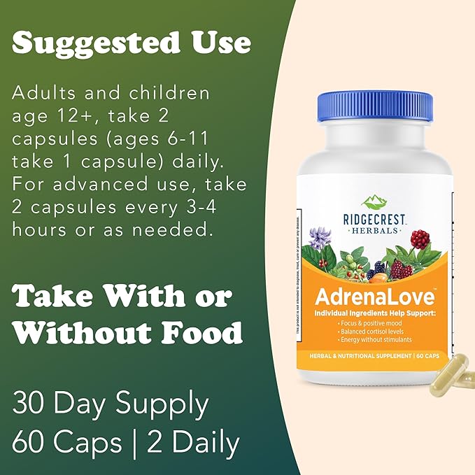 Ridgecrest Herbals AdrenaLove Stress and Energy Support Supplement (60 Vegan Caps 30 Serv)