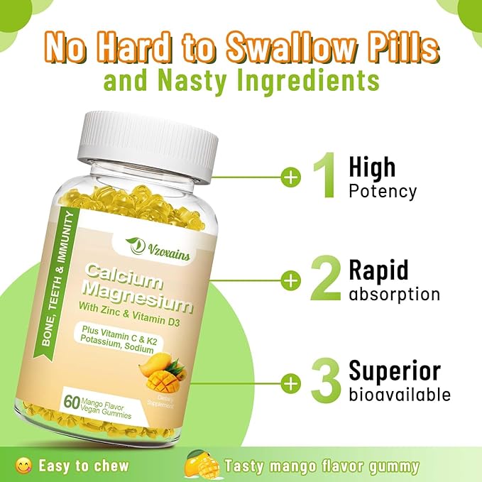 High Absorption Calcium Gummies Calcium Magnesium Zinc with Magnesium Glycinate Potassium Vitamin D3 for Women &amp Men- Mango Flavor 120 Cts