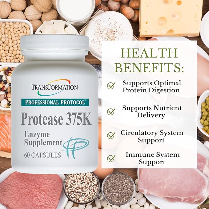 TRANSFORMATION THE GENESIS OF GOOD HEALTH Protease 375K Enzyme Blend Supplement High-Potency Formula for Protein Absorption &amp Gut Health Advanced Enzym Support Non-GMO 60 Capsules