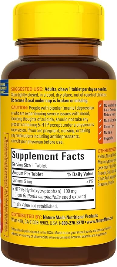 Nature Made Chewable 5HTP 100mg 5-HTP Mood Support Supplement 30 5 HTP Chewable Tablets 30 Day Supply (Pack of 2)