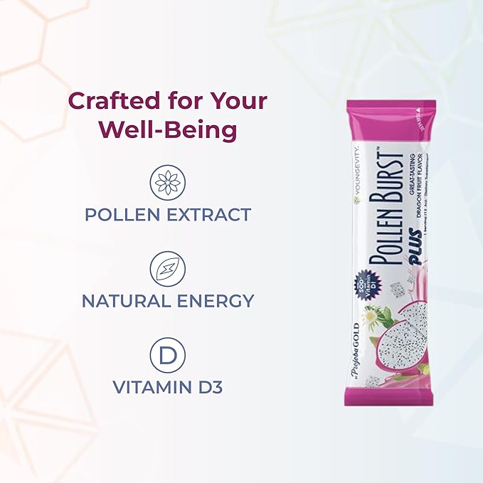 Youngevity ProJoba Pollen Burst™ Dragon Fruit - Clean Natural Energy Supplement w/Green Tea Pollen Extract GliSODin® - Increase Focus Brain Boost Endurance Mental Clarity (30 Sticks)