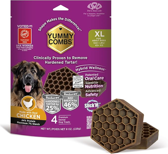 Yummy Combs Dog Dental Treats – Vet VOHC Approved Removes Tartar &amp Cleans Teeth – Yummy High Protein Chicken Treat for Extra Large Dogs (Mini Pack 4 Count)