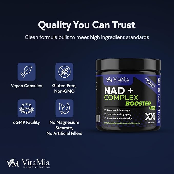 VitaMia NAD+ Complex Booster 30 Capsules – NAD Supplement with Nicotinamide Riboside Resveratrol &amp Quercetin for Cellular Energy Focus &amp Healthy Aging Support – NAD Plus Formula for Men &am