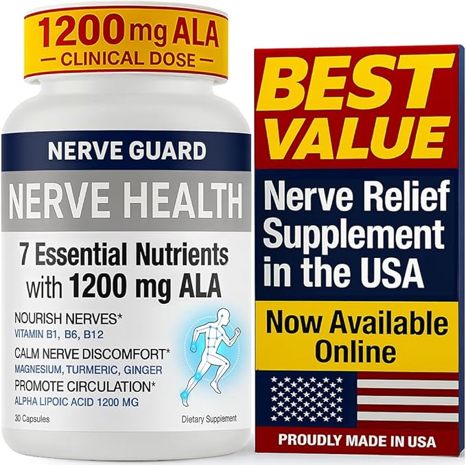 Nerve Health Supplement with 1200 mg Alpha Lipoic Acid to Fortify Nerve Health and Function in Fingers Hands Toes &amp Feet – 1200mg ALA Vitamins B12 B6 &amp B1 Magnesium – 30 Capsules