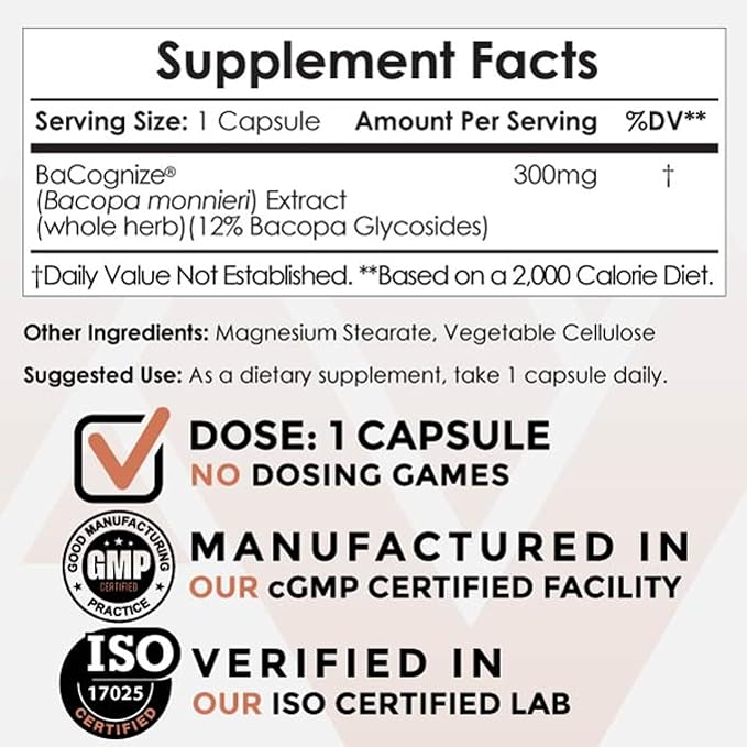 Nootropics Depot BaCognize Bacopa Monnieri 300mg Capsules (120 Count) Ayurvedic Herb Non-GMO Gluten Free and Vegetarian Friendly