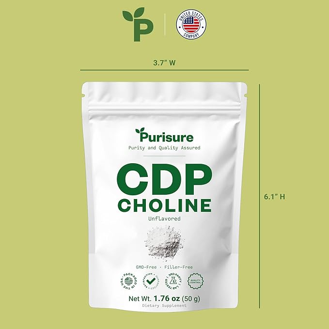 Purisure CDP Choline Powder 50g CDP Choline Supplements That Support Attention Focus and Energy Citicoline Powder for Cognitive Function Increases Motivation and Productivity 200 Servings