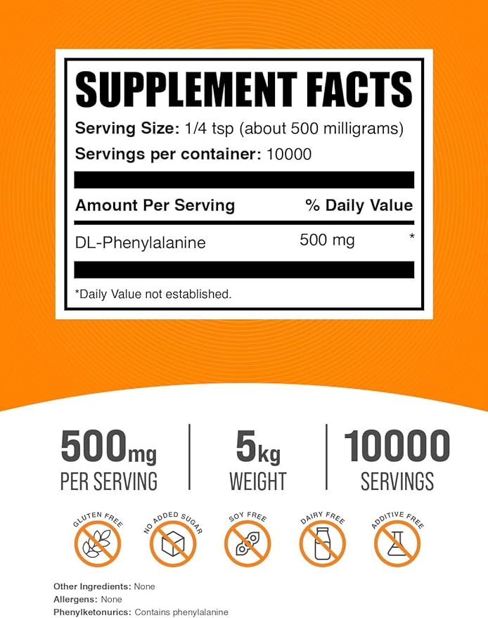BulkSupplements.com DL-Phenylalanine Powder - DLPA Powder Phenylalanine Supplement - Unflavored &amp Gluten Free 500mg per Serving 1kg (2.2 lbs) (Pack of 5)