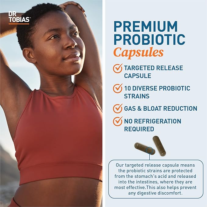 Dr. Tobias Probiotics 30 Billion 10 Strains 30 Billion CFU's Targeted Release Probiotics for Women &amp Men Supports Digestive Health Shelf-Stable Non-GMO 60 Capsules 60 Servings