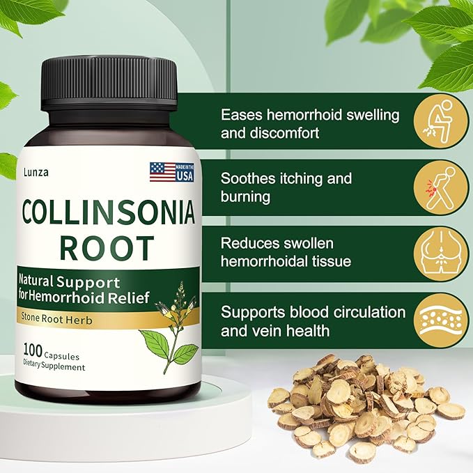 Lunza Collinsonia Root - Relieves Hemorrhoid Swelling &amp Discomfort - Supports Vein Health &amp Circulation - Natural Herbal Formula Non-GMO - 100 Capsules