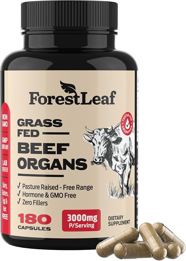 ForestLeaf Beef Organ Supplement - Grass Fed &amp Pasture Raised - Total Body Wellness &amp Performance Organ Complex with 3000mg of Desiccated Beef Liver Heart Kidney Pancreas Spleen (180 Caps