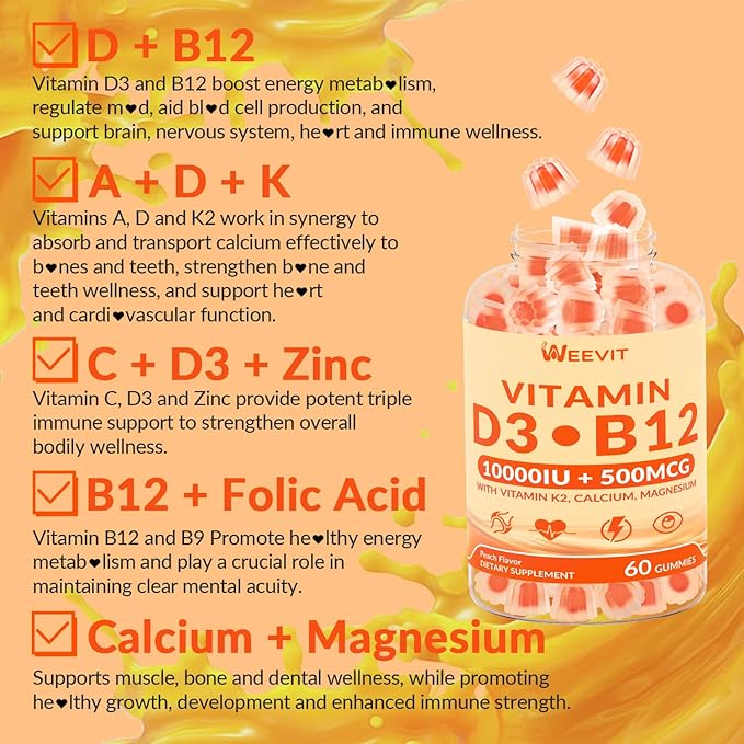 WEEVIT Vitamin D3 B12 Gummies Vitamin D and B12 Gummy Suppment with Vitamin A C K Calcium Magnesium Zinc for Women &amp Men