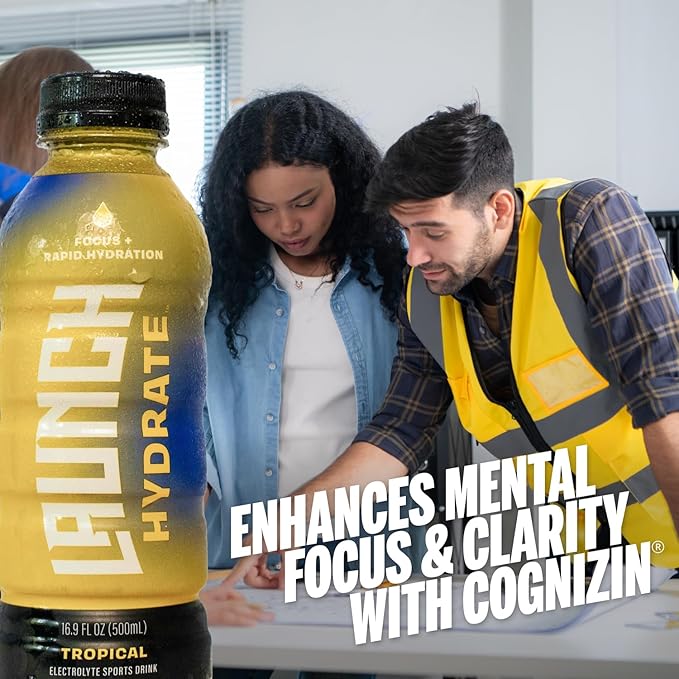 Sports Drink: Tropical Flavor - 16.9 Oz (12 Pack) Energy Drink + Hydration Real Cane Sugar Electrolytes Cognizin for Focus Vitamin B12 Energy Boost L-Glutamine Hydration Formula No Artificial S
