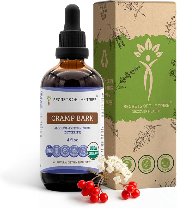 Secrets of the Tribe Cramp Bark USDA Organic | Alcohol-Free Extract High-Potency Herbal Drops | Made from 100% Certified Organic Cramp Bark (Viburnum Opulus) Dried Bark (4 FL OZ)