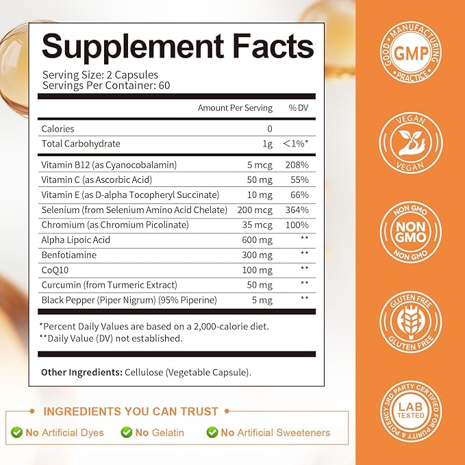 Alpha Lipoic Acid 600mg with Benfotiamine 300mg - ALA Supplement for Antioxidant Nerve Health Energy &amp Metabolism Support Cell Energy Neuropathy Supplement Anti-Aging Non-GMO Gluten Free V