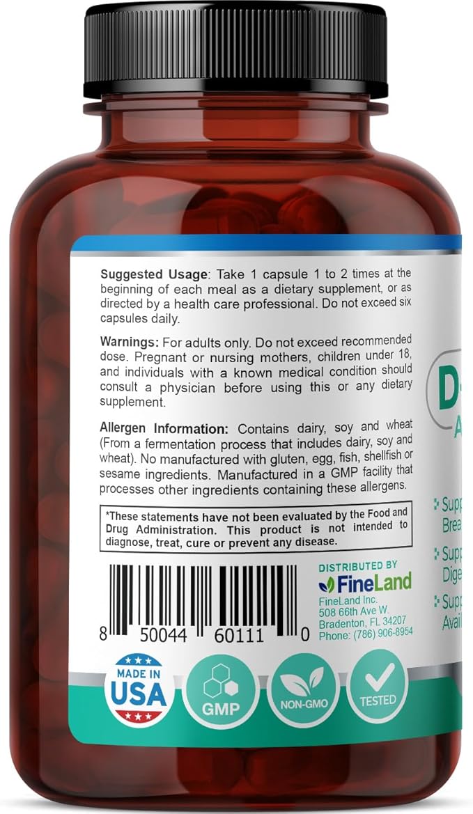 FineLand D-ENZYMES Advanced Digestive Support Complex Breakdown of Nutrients Digestion Hemicellulose Peptidase 60 Capsules/ 60 Servings
