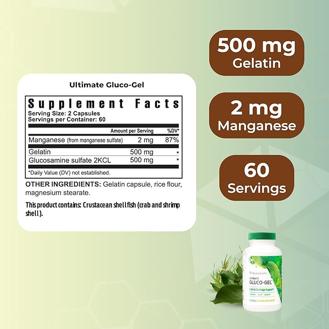 Youngevity Ultimate Gluco-Gel -for Tendons Bones &amp Cartilage | Contains Glucosamine Gelatin &amp Manganese | 120 Capsules | 1 Bottle