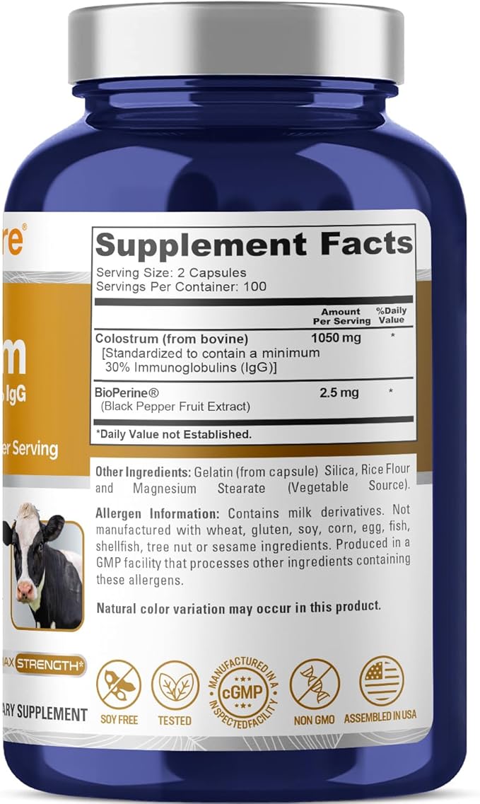 NusaPure Colostrum 1050mg 30% IgG 200 capsules (Non-GMO Soyfree) Bioperine