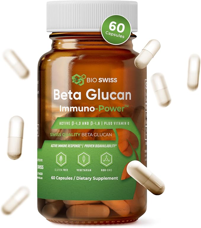 Bio Swiss Beta Glucan Immunity Power - 13D-16D Glucan with Vitamin D - Immune Support Supplement for Enhanced Defense and Wellness - Vegan Gluten-Free (60 Capsules)