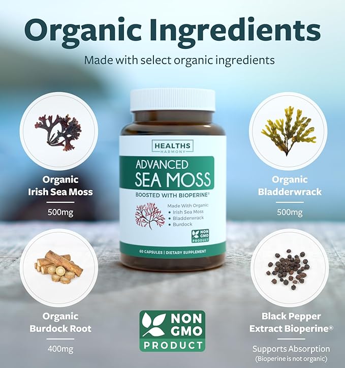 Bundle of Thyroid Support &amp Sea Moss - Sea Moss Thyroid Care Pack - Thyroid Support with Iodine (120 Caps) &amp Irish Sea Moss Capsules - Raw Vegan Supplement with BioPerine (Non-GMO &amp Organi