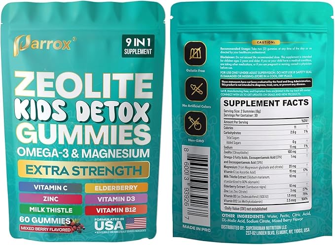 Zeolite Kids Detox Gummies 9-in-1 Extra Strength with Zeolite Omega-3 Magnesium Elderberry Vitamin C Milk Thistle Vitamin D3 Zinc B12 – Sugar-Free (Mixed Berry Flavor - 2 Pack)