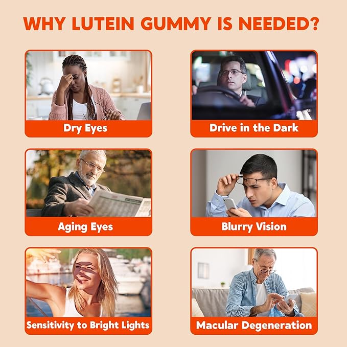 Sugar-Free Lutein Zeaxanthin Supplements Gummies (25mg) Vitamins A C E Bilberry Astaxanthin - Coconut Oil for Better Absorption - Adults &amp Teens Vision Health Eye Strain Dry Eyes - Vegan 60