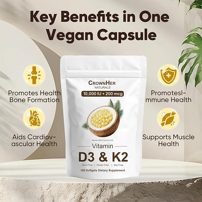 Naturals D3 K2 Essentials Vitamin D3 K2 Vitamin D3 K2 10000 IU+ K2 200 mcg MK-7 Coconut Oil Extra Strength Bone &amp Immune Support 180 Softgels