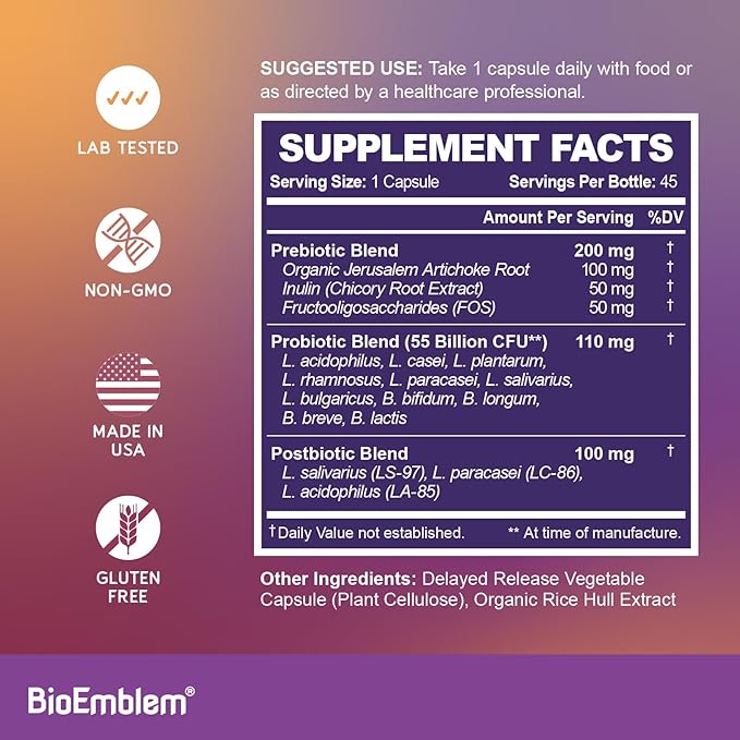 BioEmblem Probiotics for Women &amp Men – 55 Billion CFU with Prebiotics Postbiotics &amp Digestive Enzymes - 10 Enzymes