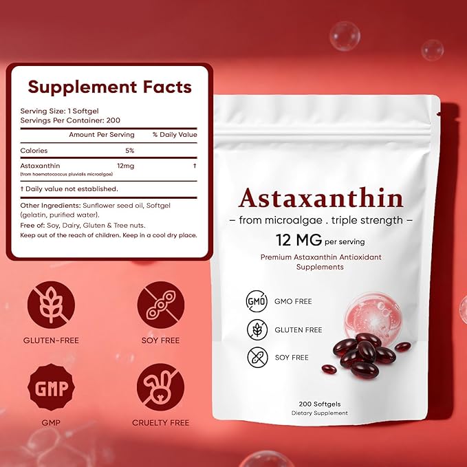 Astaxanthin 12mg Premium Astaxanthin Antioxidant Supplements Supports Eye Skin Immune Joint Internal Circulation Non-GMO Verified &amp Gluten Free - 200 Softgels