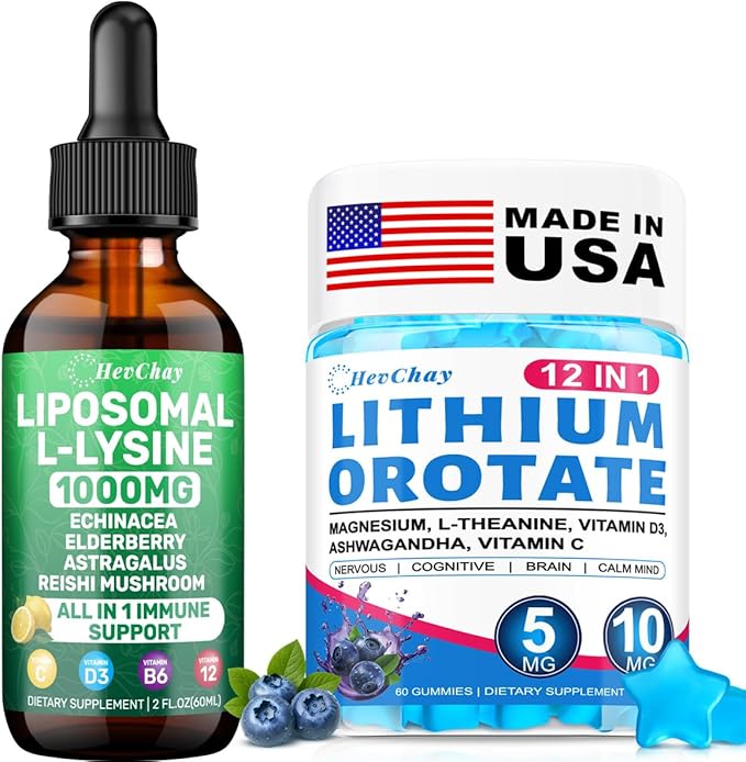 Liposomal L-Lysine Liquid + Lithium Orotate Gummies Bundle | Immune Support &amp Cognitive Health Supplement Combo for Adults &amp Kids