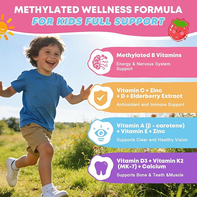 Kids Multivitamin Gummies with Omega-3 (Dha+Epa) Methylated B12 &amp Folate B6 B2 &amp Elderberry Vitamin D3 C A E Zinc Postbiotics Choline | for Brain Eye &amp Immune Clean Sugar Free