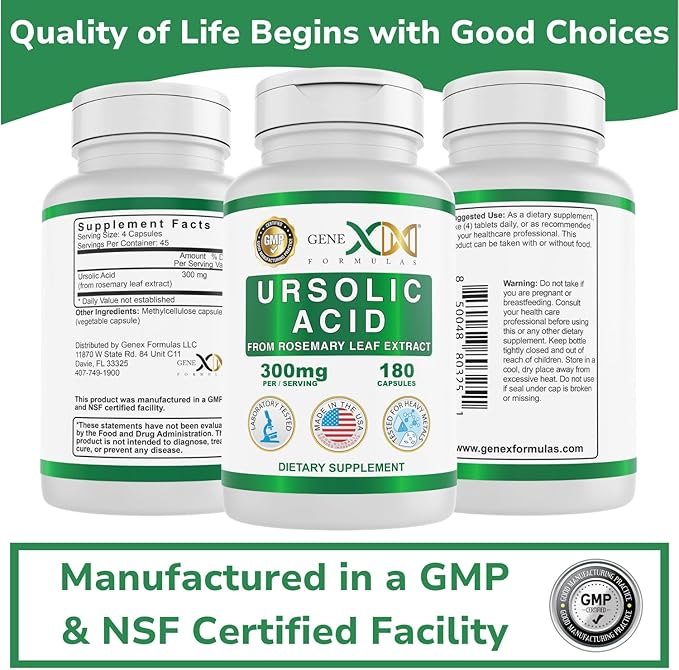 Genex Formulas Ursolic Acid 300mg (180 Capsules) Ursolic Acid Sourced from Rosemary Extract - Non-GMO Gluten Free Vegetarian