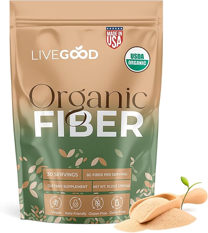 LIVEGOOD Organic Fiber Powder with Agave Inulin Psyllium Husk Pea Fiber 10 Plant-Based Sources for Digestion Detox Gut Support and Daily Wellness Organic Fiber Supplement (30 Servings)
