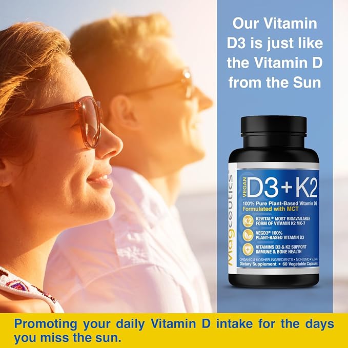 Vitamin D3 K2 with MCT 5000 IU Vegan D3 &amp 100 mcg MK7 K2 Support Strong Bones and Immune Health - 60 Capsules (60 Days Supply)