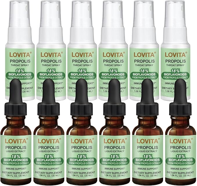 LOVITA 12-Pack Ultimate Propolis Collection - 6 Liquid Extract Drops &amp 6 Throat Sprays Comprehensive Immune Defense &amp Throat Care (12 Pc Value Pack)