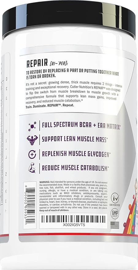 Repair Post Workout Recovery Drink: Fast Absorbing Carbohydrates (Waxy Maize + Cluster Dextrin) and BCAA/EAA for Advanced Muscle Recovery Sour Rainbow Candy 20 Servings