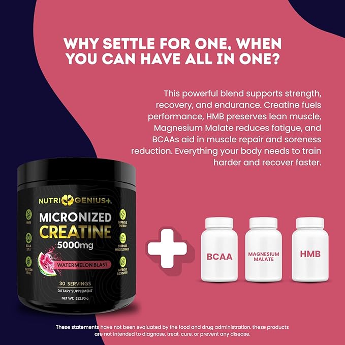 Creatine Monohydrate 5g with BCAAs –Support Muscles Cellular Energy and Cognitive Function* – Watermelon Micronized Powder – 30 Servings Keto Friendly - Gluten-Free