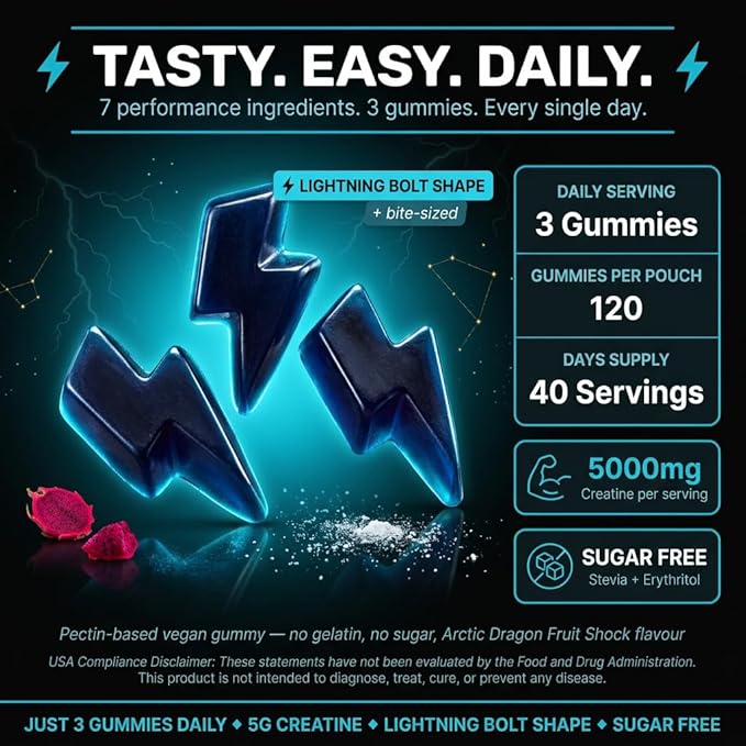 Creatine Gummies with BCAA &amp Electrolytes Sugar Free Arctic Dragon Fruit Flavor 5G per Serving 120 Count Dietary Supplement