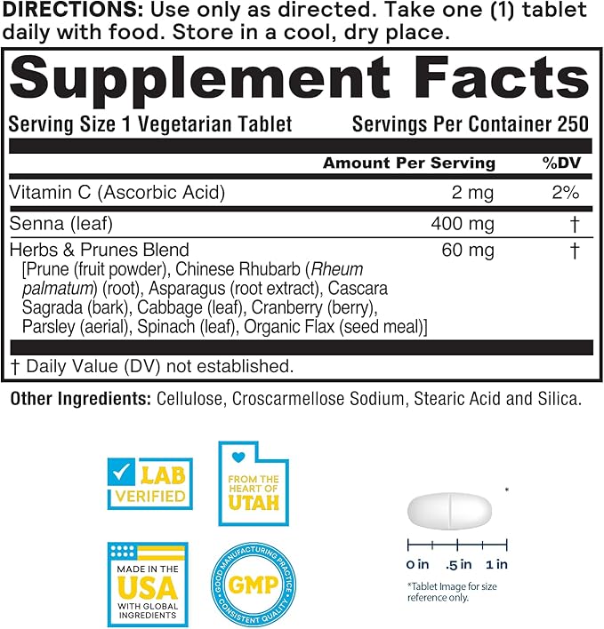 Nature's Life Herbs &amp Prunes - Herbal Supplements w/ 400mg Senna Leaves - Daily Wellness Support w/Prune Cascara Sagrada Organic Flax Seed Meal - Vegan Lab Verified 60-Day Guarantee 250 Servi